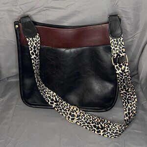 Black Crossbody Bag w/Leopard Print Strap, EUC